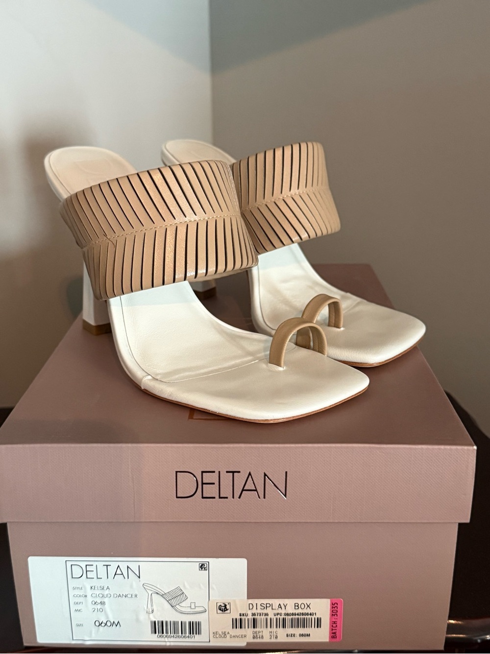 Deltan Ivory and Tan Strappy Block Heel Sandals